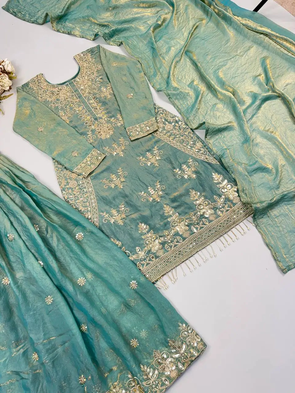 Teal Kiran Embroidered Sharara