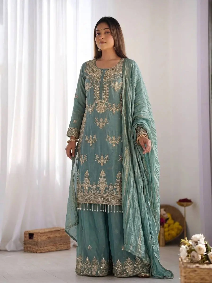 Teal Kiran Embroidered Sharara