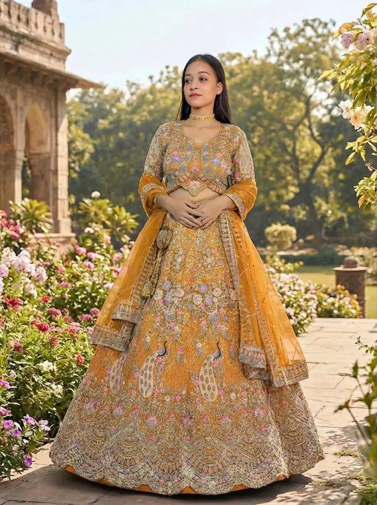 Teal Peacock Embroidered Butterfly Net Lehenga Set for Weddings and Grand Festive Occasions