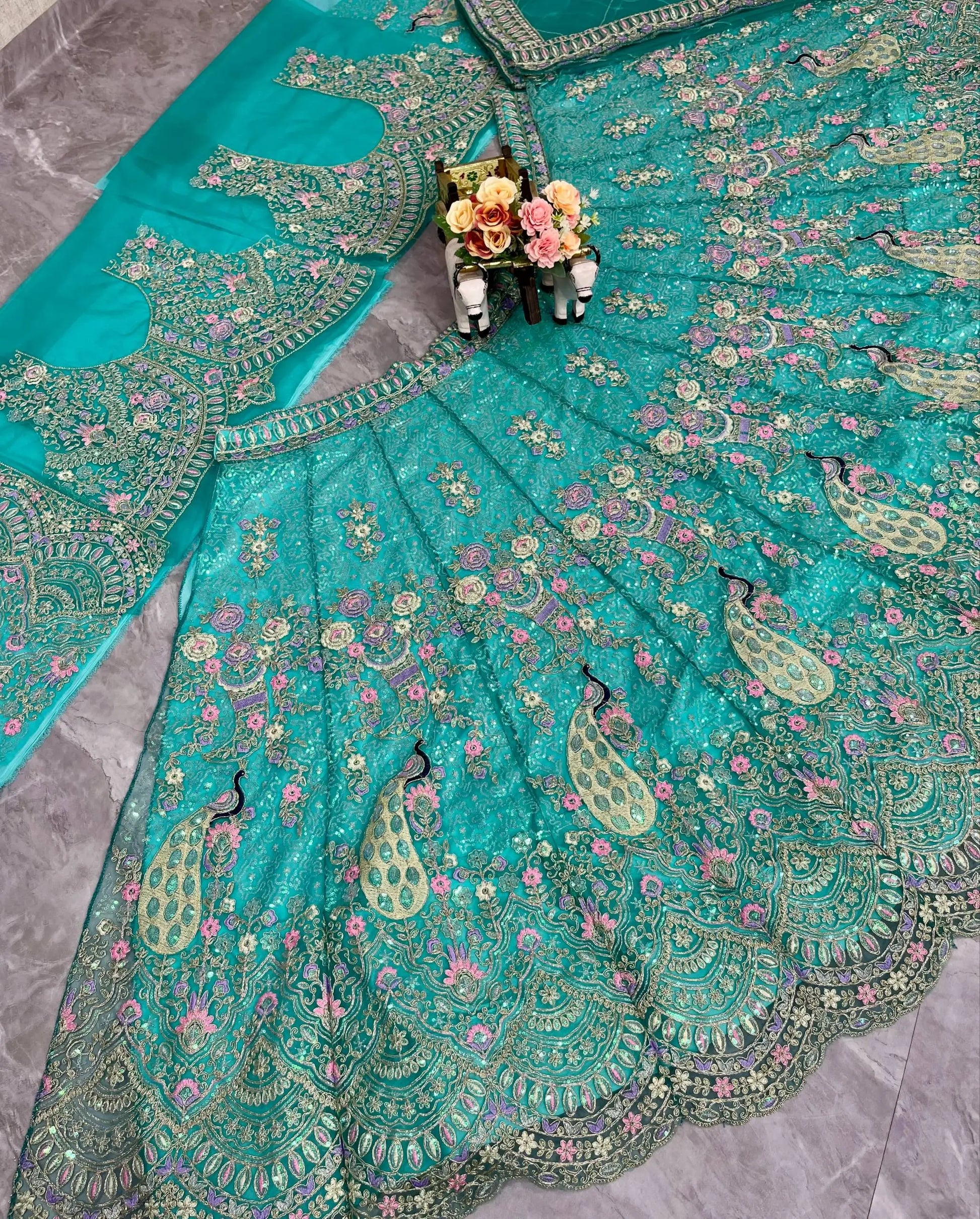 Teal Peacock Embroidered Butterfly Net Lehenga Set for Weddings and Grand Festive Occasions