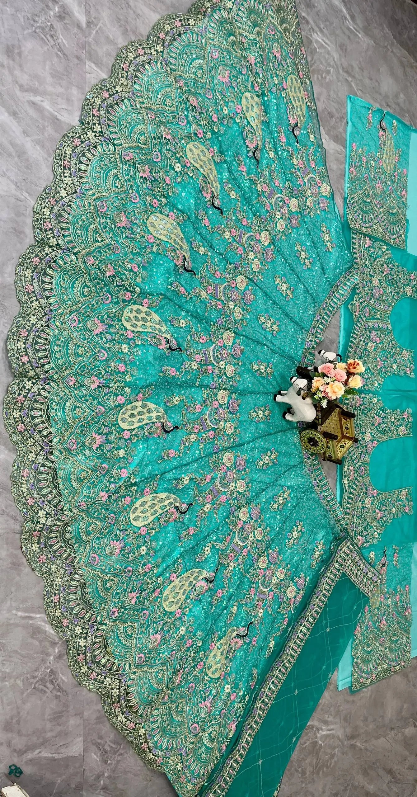 Teal Peacock Embroidered Butterfly Net Lehenga Set for Weddings and Grand Festive Occasions