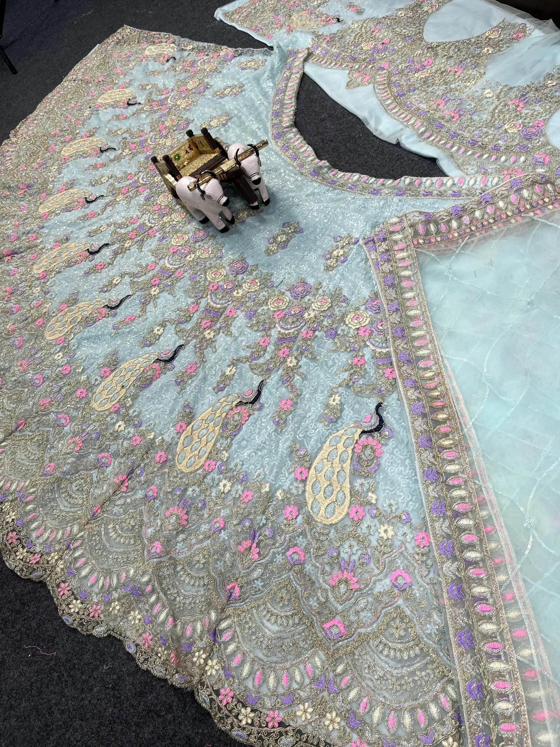 Teal Peacock Embroidered Butterfly Net Lehenga Set for Weddings and Grand Festive Occasions