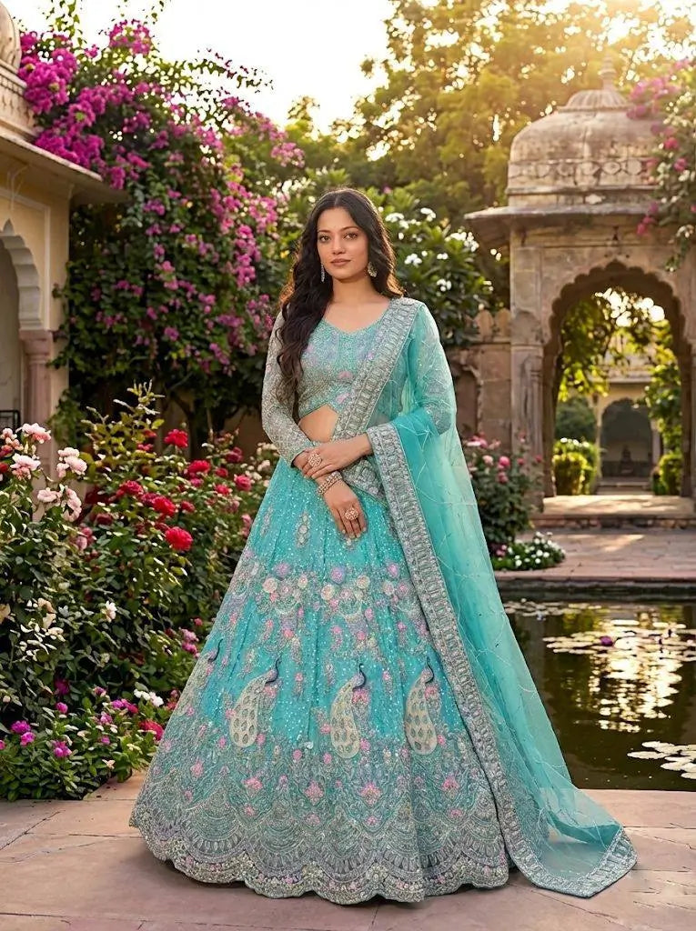 Teal Peacock Embroidered Butterfly Net Lehenga Set for Weddings and Grand Festive Occasions