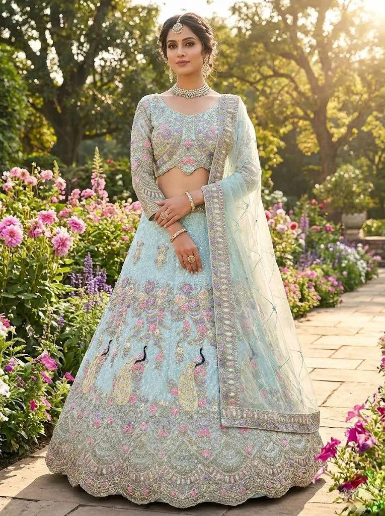 Teal Peacock Embroidered Butterfly Net Lehenga Set for Weddings and Grand Festive Occasions