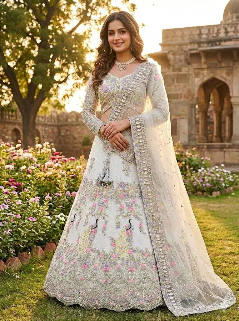 Teal Peacock Embroidered Butterfly Net Lehenga Set for Weddings and Grand Festive Occasions