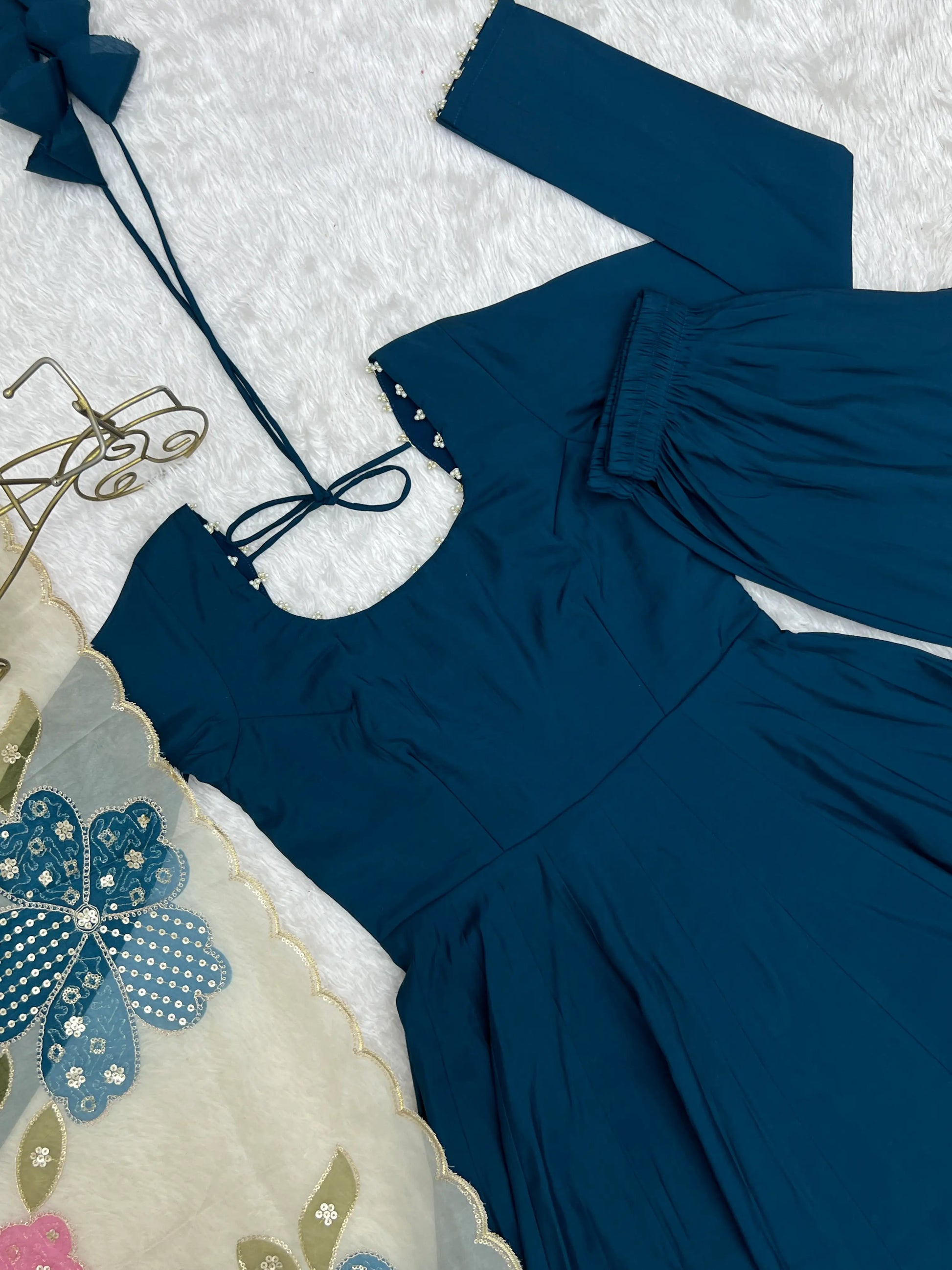 Teal Pearl Yoke Anarkali Gown