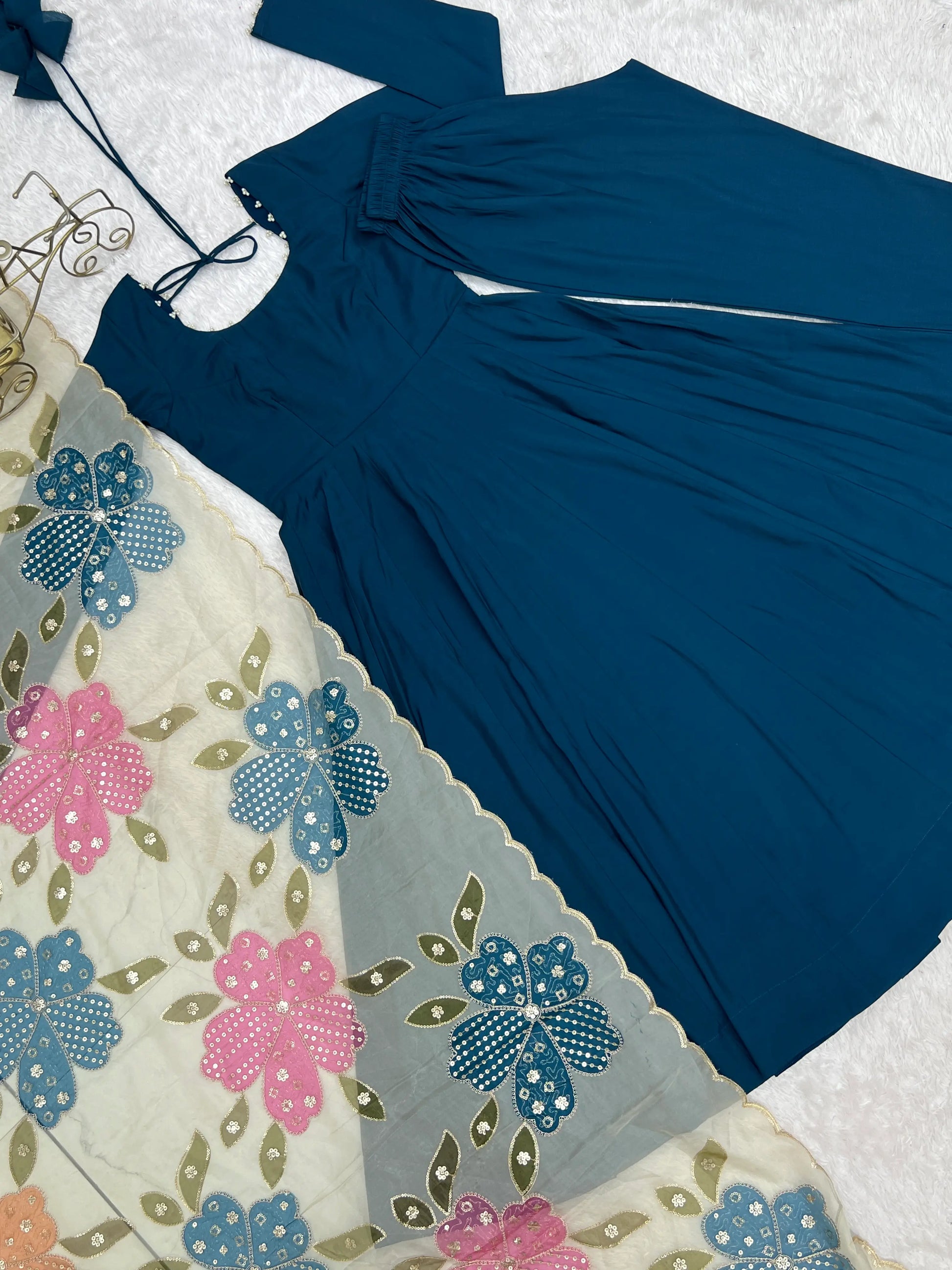 Teal Pearl Yoke Anarkali Gown