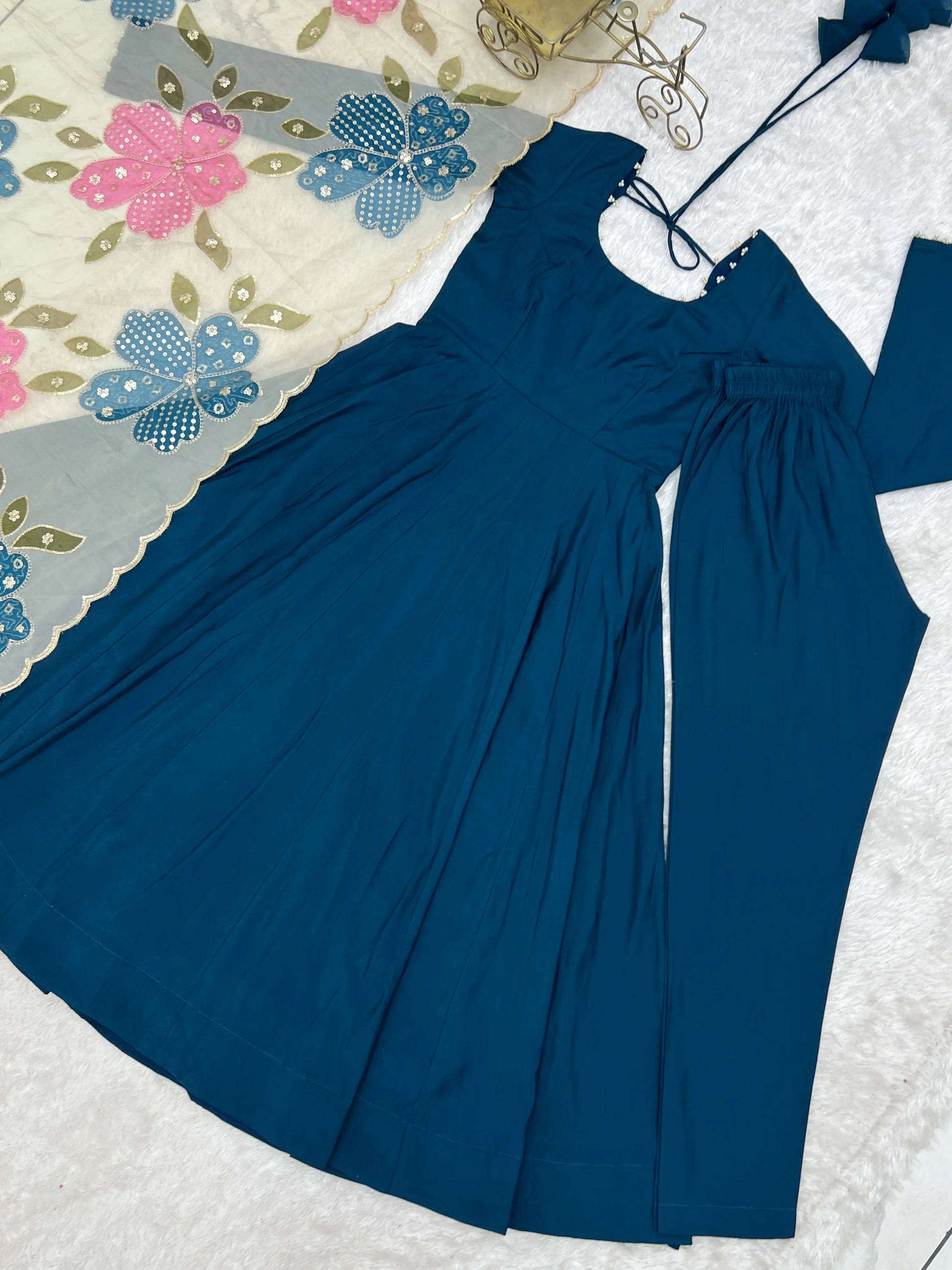 Teal Pearl Yoke Anarkali Gown