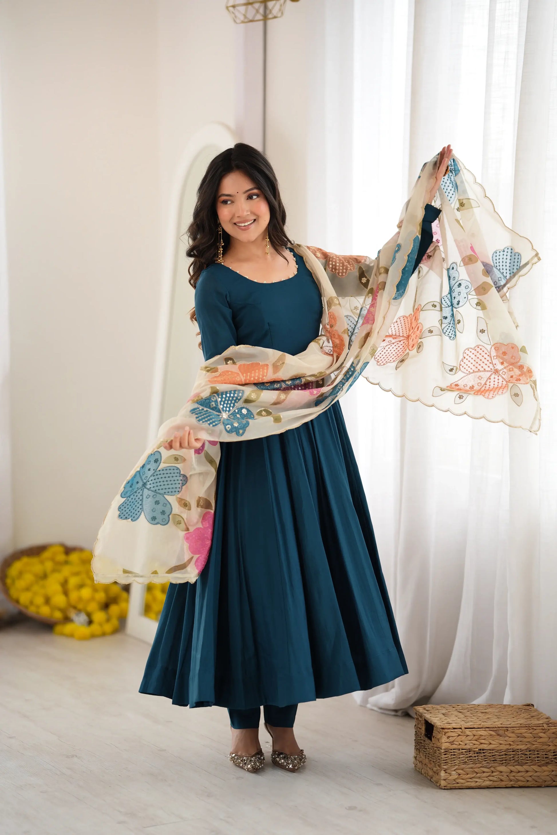 Teal Pearl Yoke Anarkali Gown