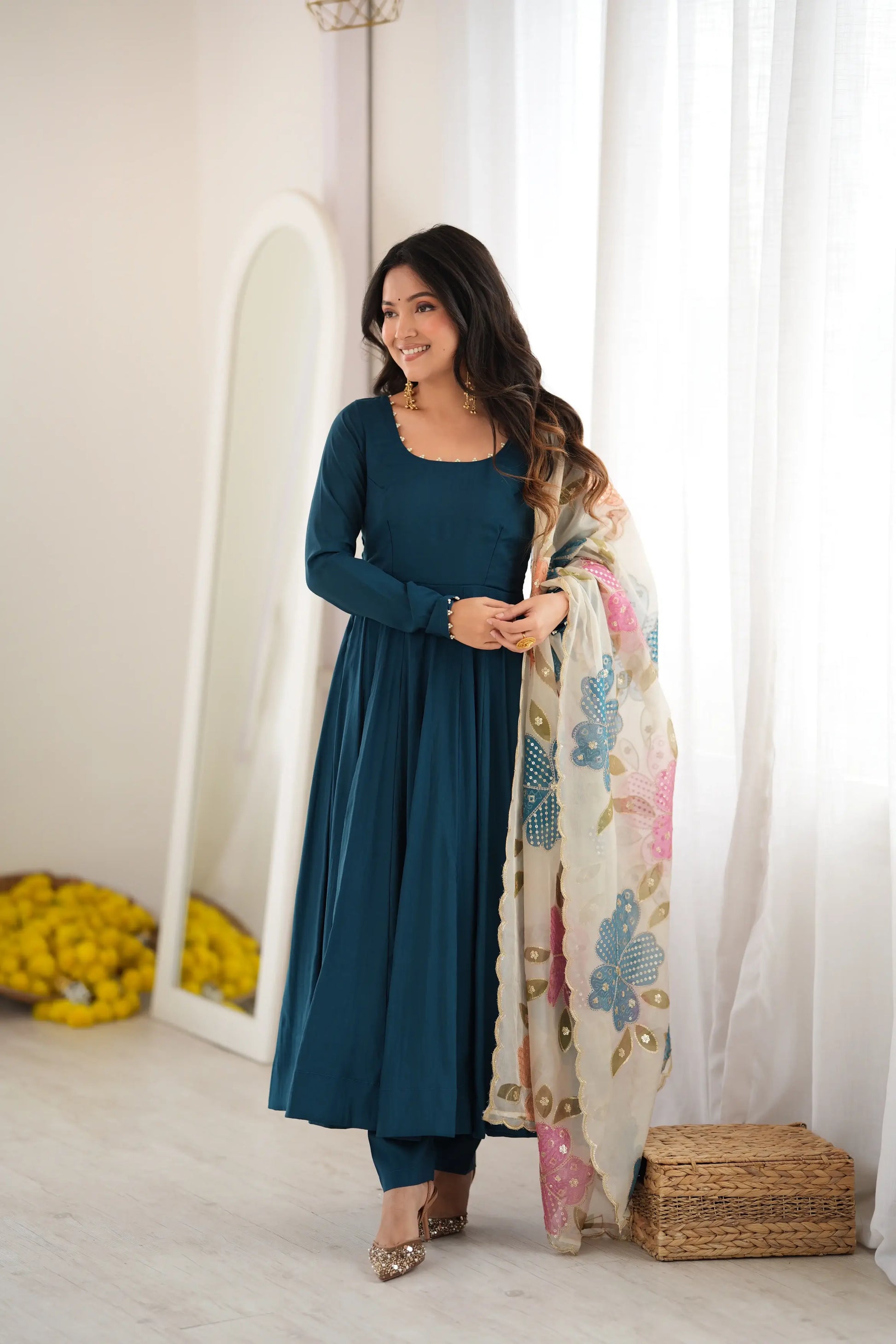 Teal Pearl Yoke Anarkali Gown