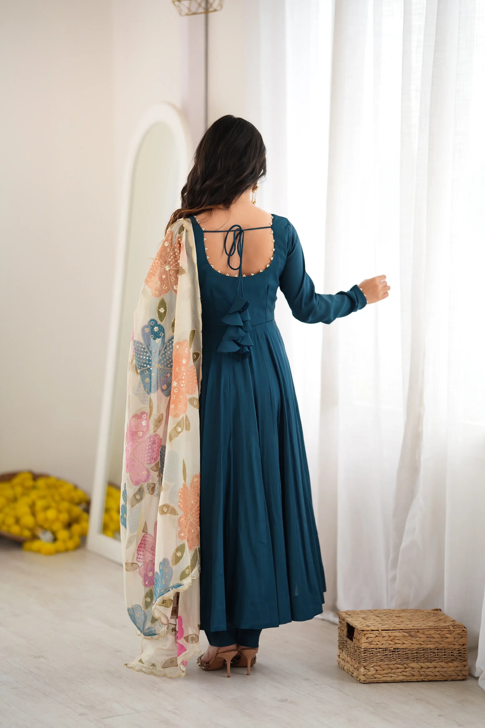 Teal Pearl Yoke Anarkali Gown