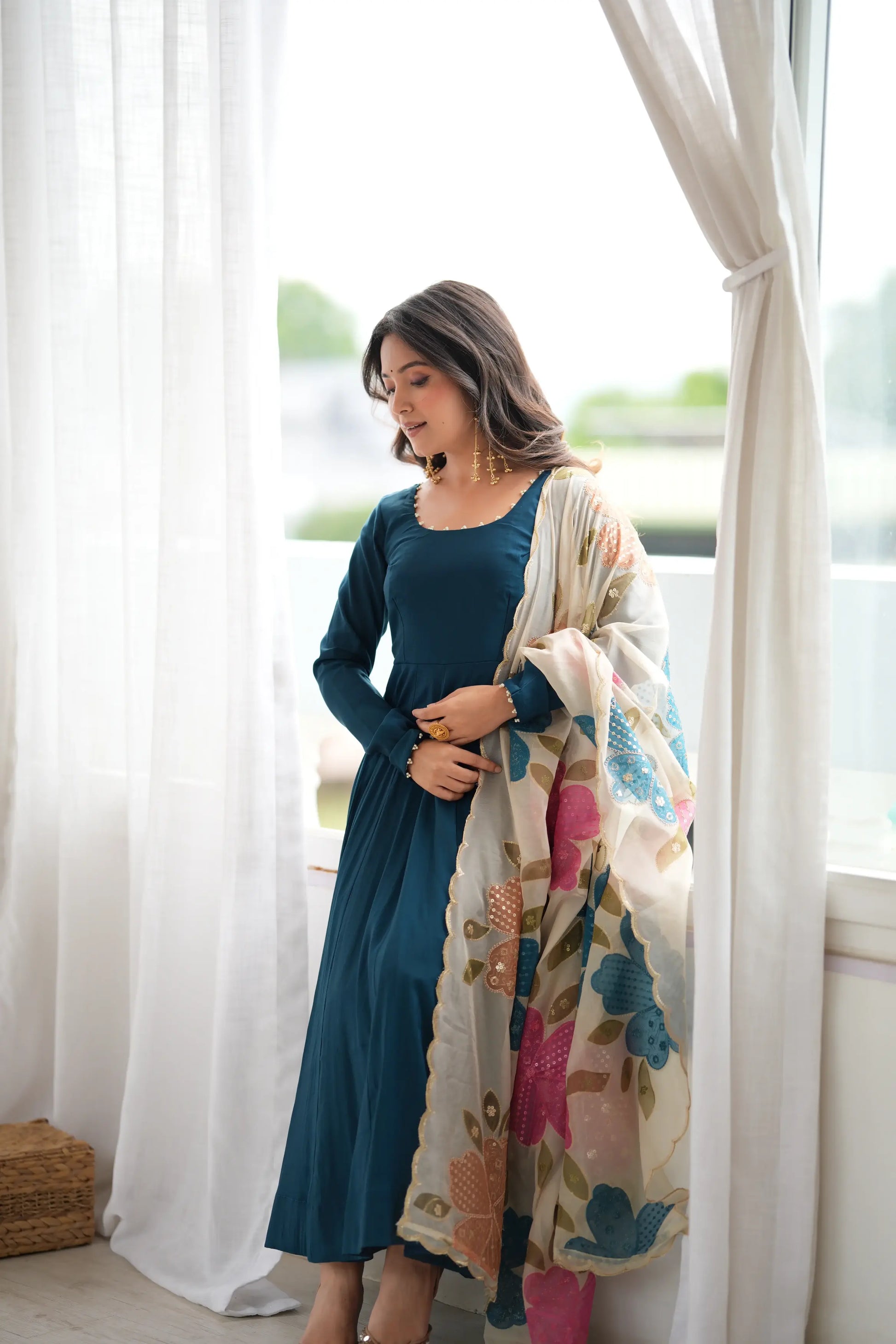 Teal Pearl Yoke Anarkali Gown