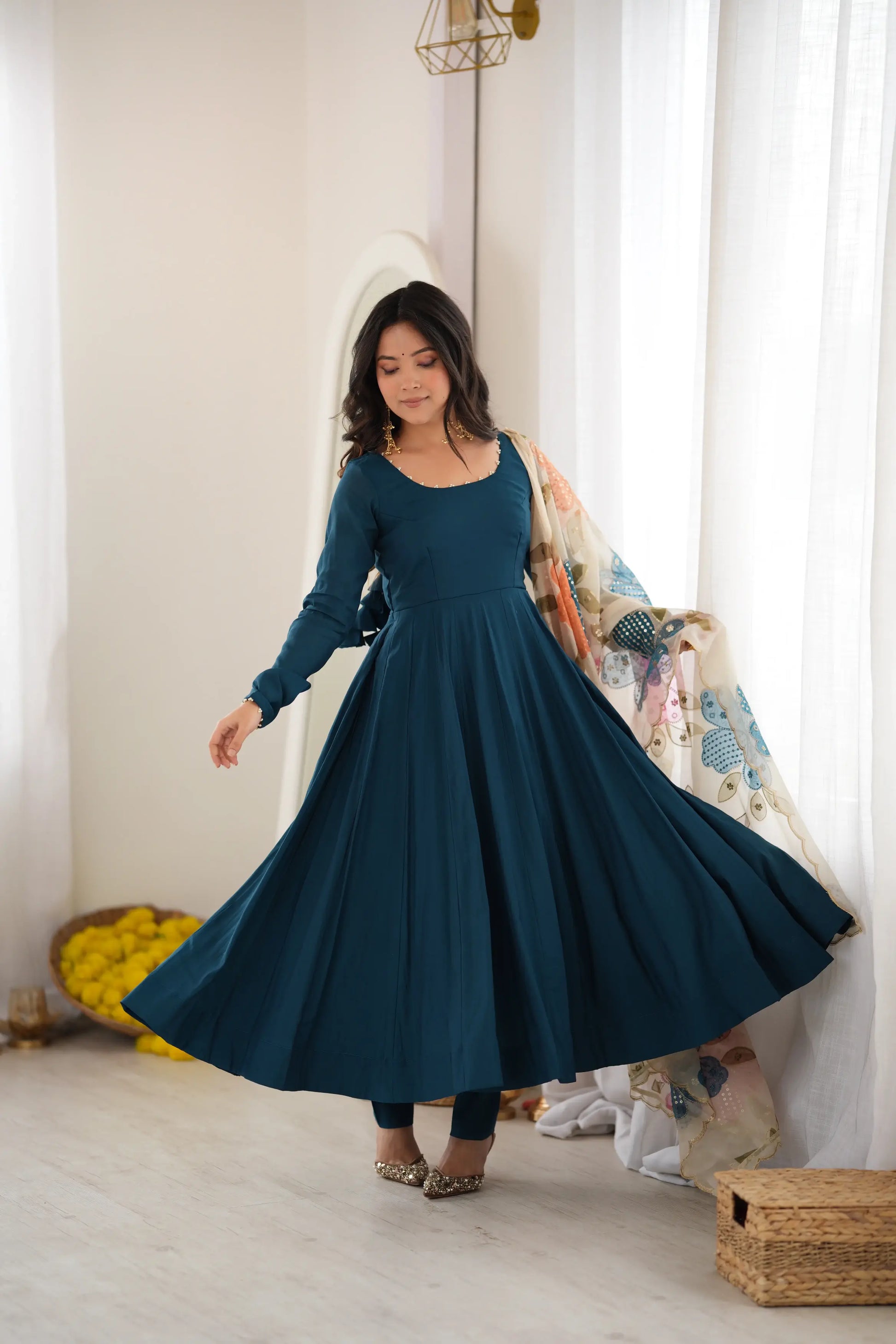 Teal Pearl Yoke Anarkali Gown