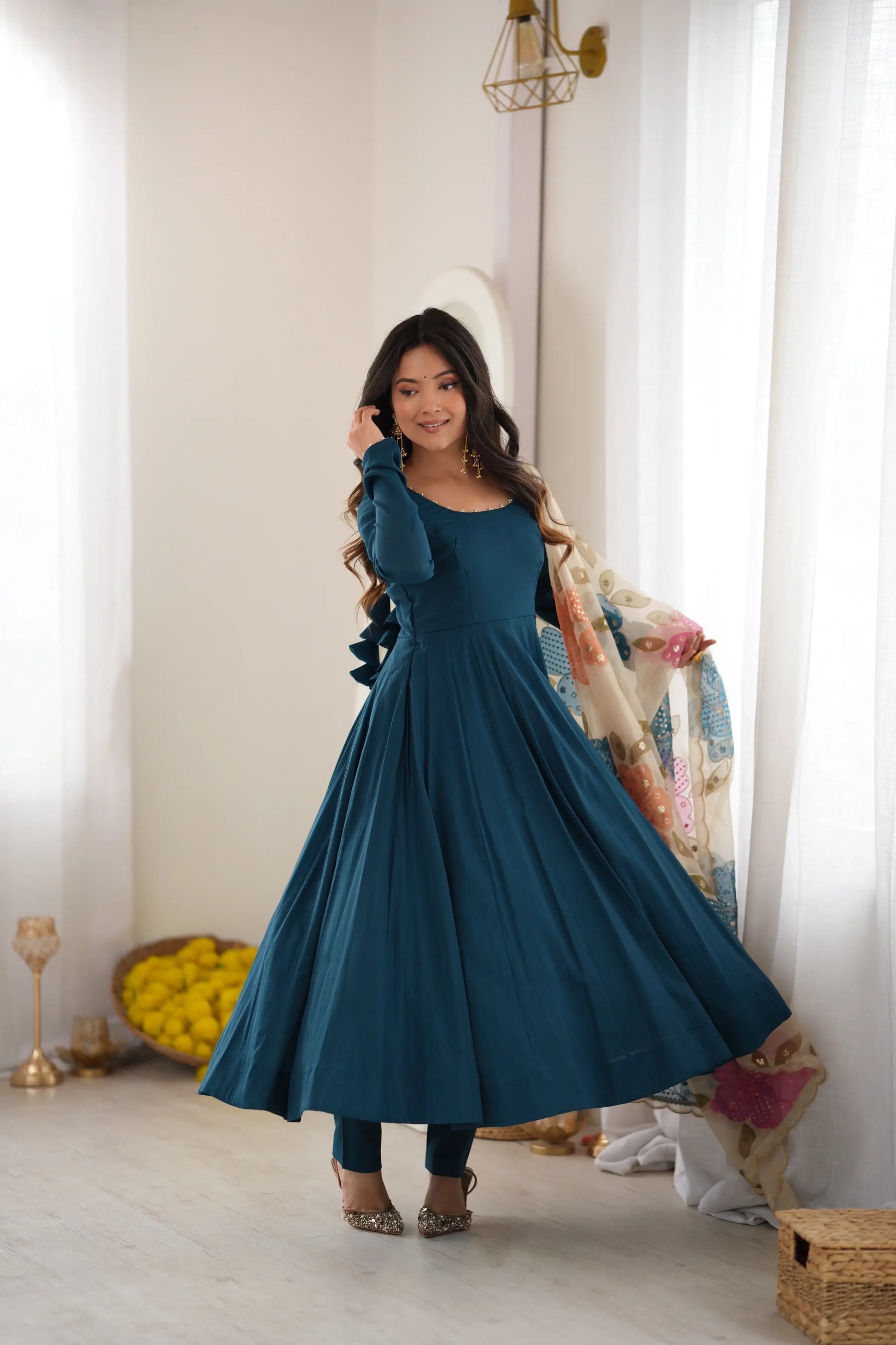 Teal Pearl Yoke Anarkali Gown