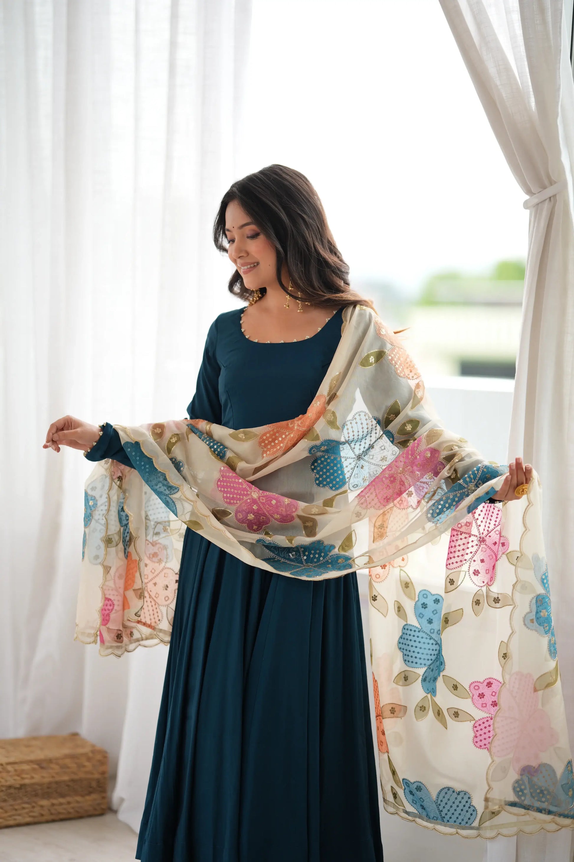 Teal Pearl Yoke Anarkali Gown