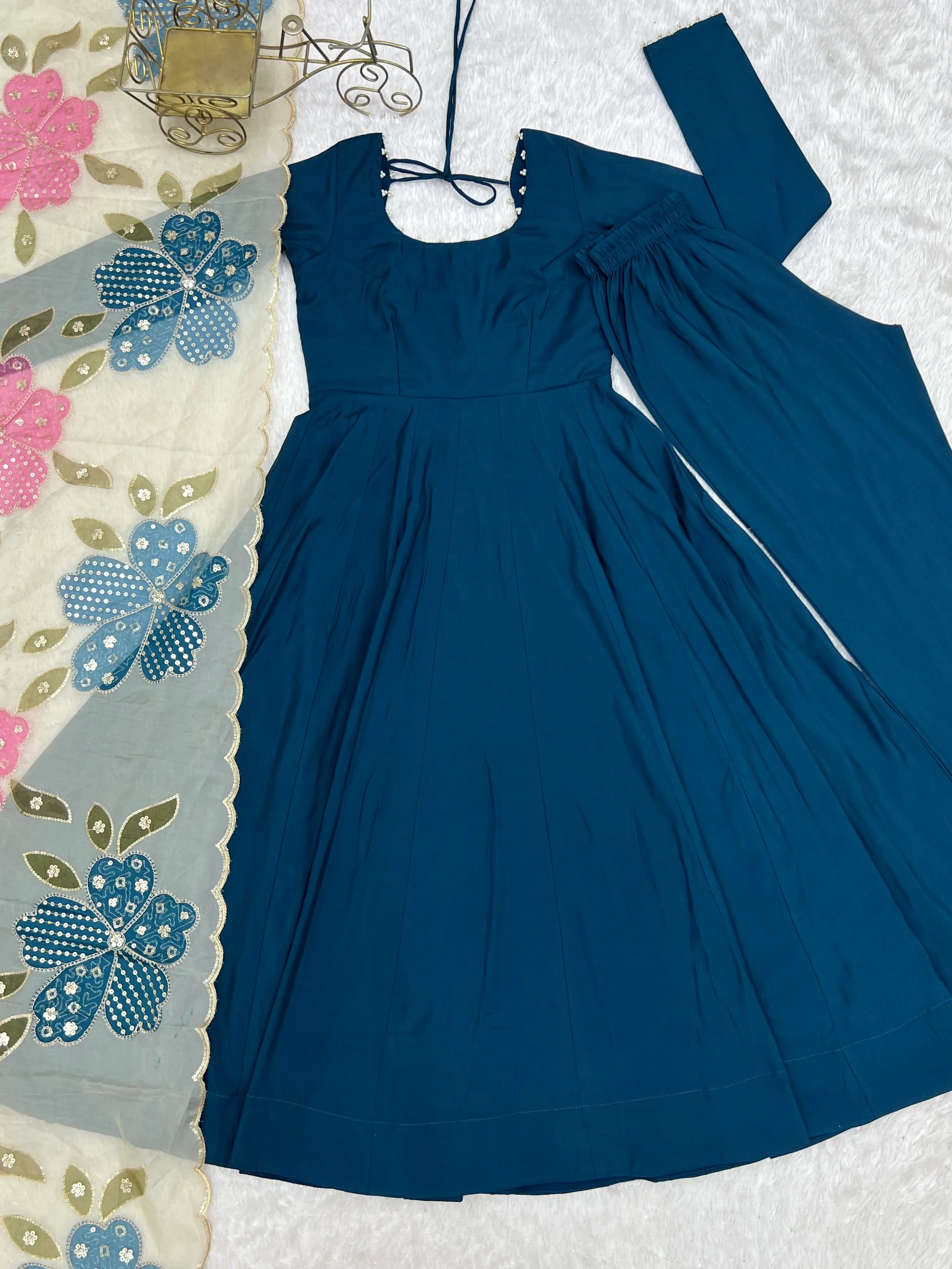 Teal Pearl Yoke Anarkali Gown