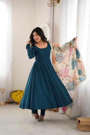 Teal Pearl Yoke Anarkali Gown