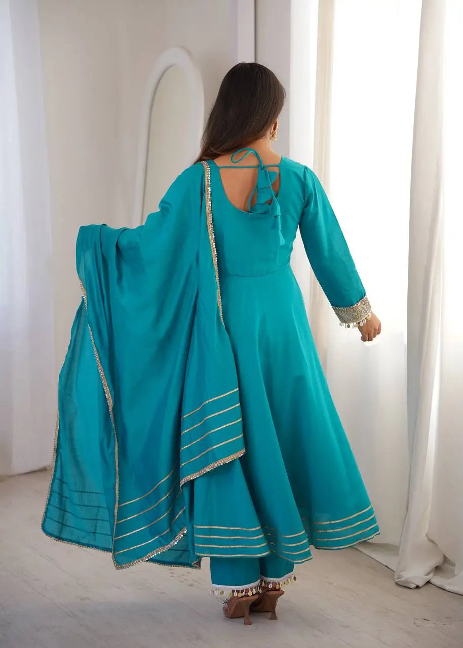 Teal Roman Silk Anarkali Gown With Dupatta