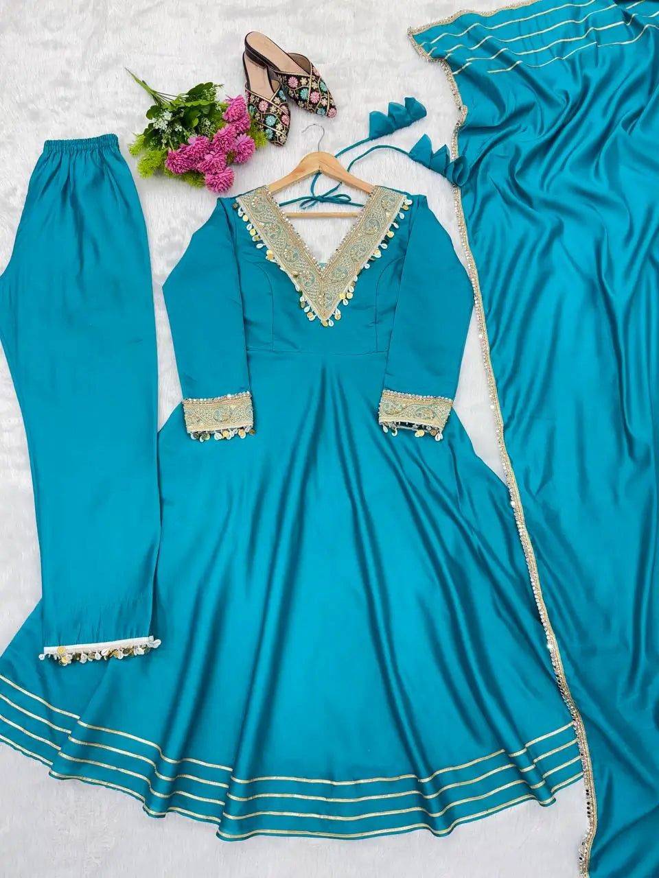 Teal Roman Silk Anarkali Gown With Dupatta