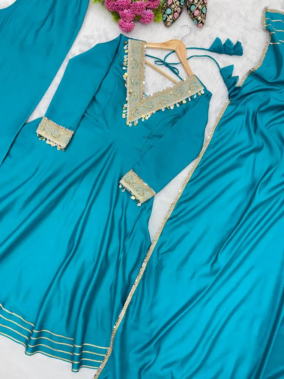 Teal Roman Silk Anarkali Gown With Dupatta