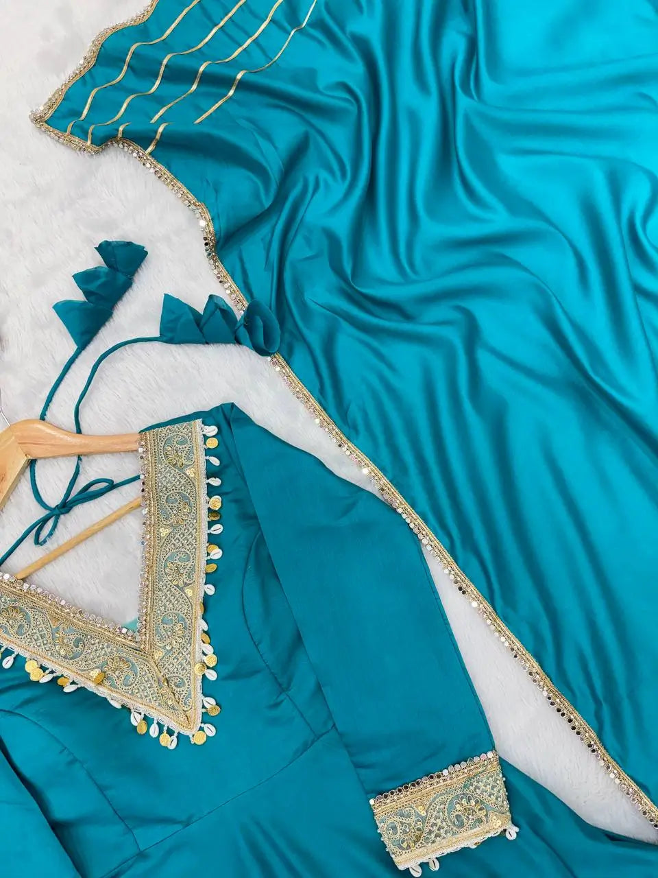 Teal Roman Silk Anarkali Gown With Dupatta