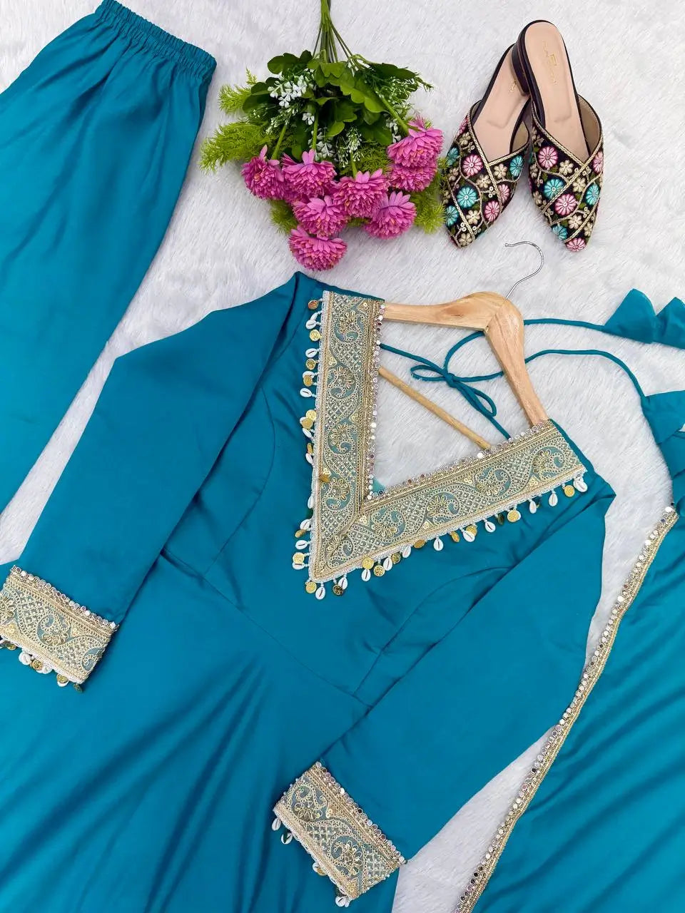 Teal Roman Silk Anarkali Gown With Dupatta
