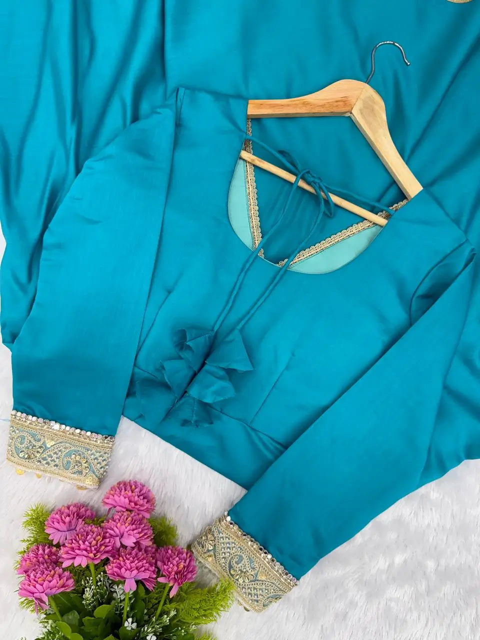 Teal Roman Silk Anarkali Gown With Dupatta