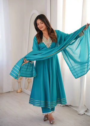 Teal Roman Silk Anarkali Gown With Dupatta
