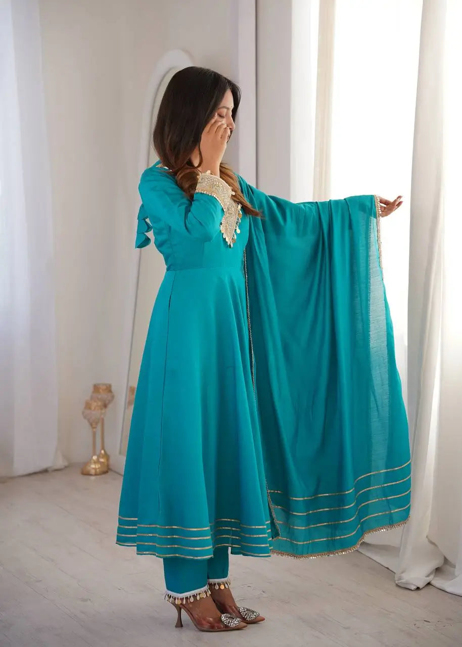 Teal Roman Silk Anarkali Gown With Dupatta