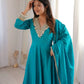 Teal Roman Silk Anarkali Gown With Dupatta