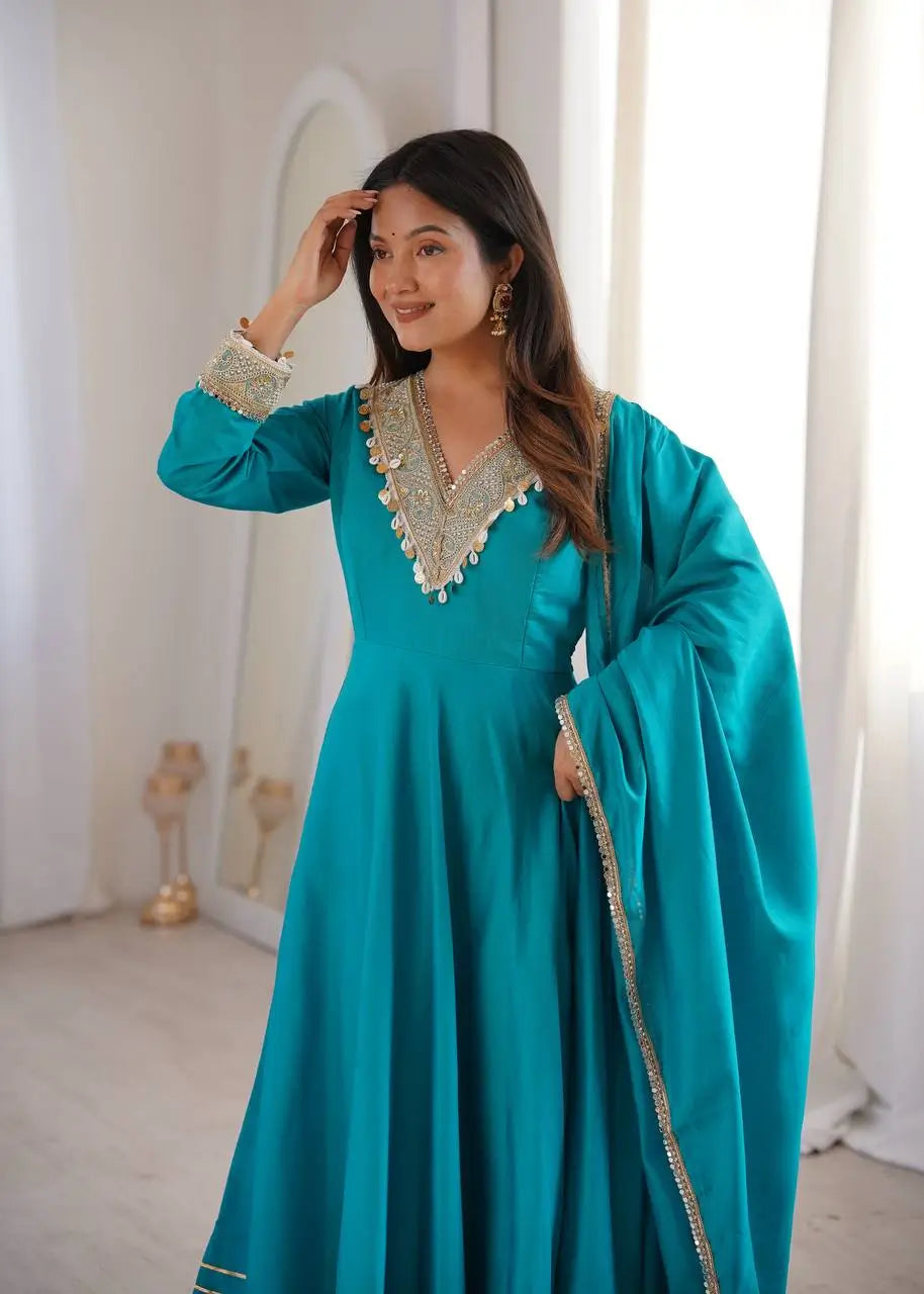 Teal Roman Silk Anarkali Gown With Dupatta
