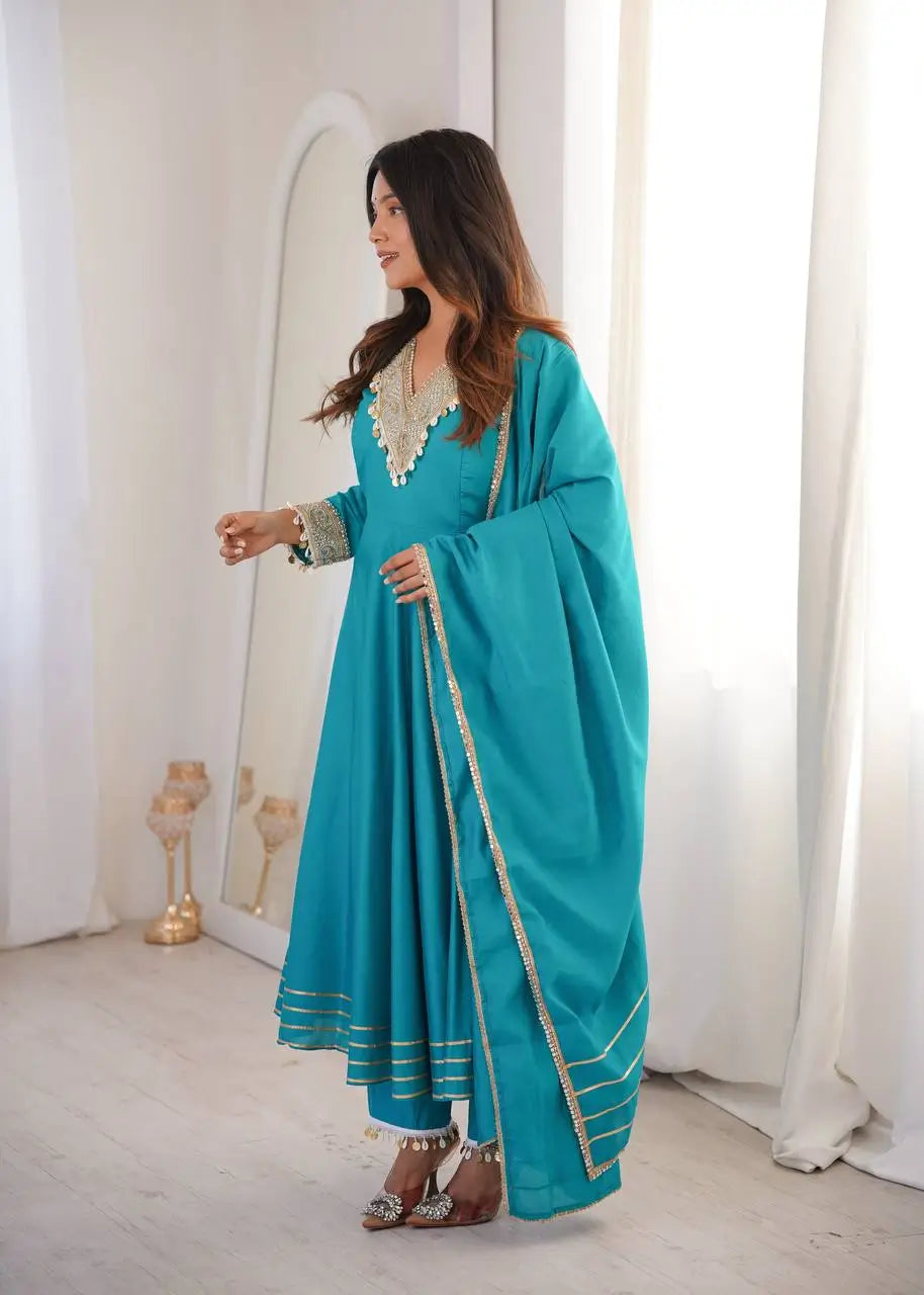 Teal Roman Silk Anarkali Gown With Dupatta