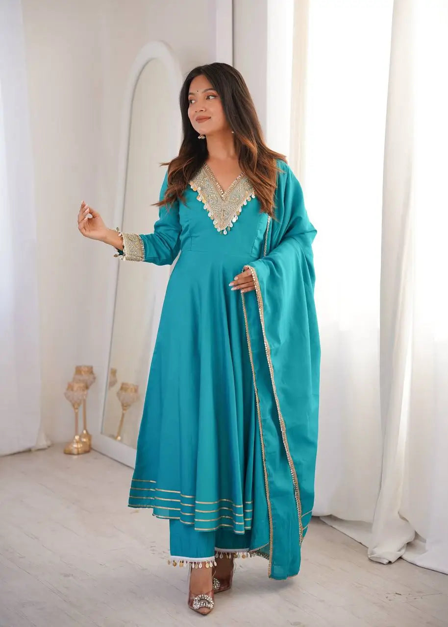 Teal Roman Silk Anarkali Gown With Dupatta