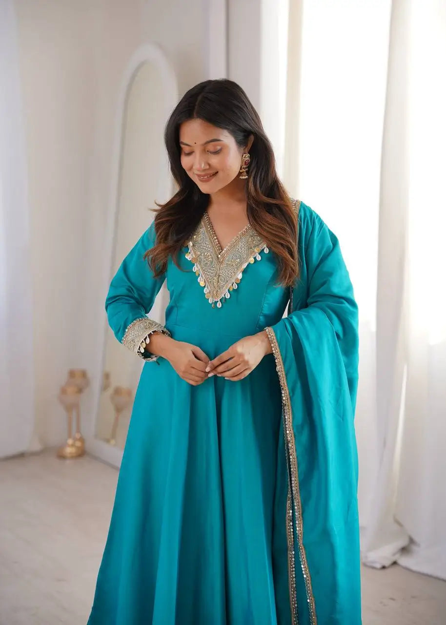 Teal Roman Silk Anarkali Gown With Dupatta