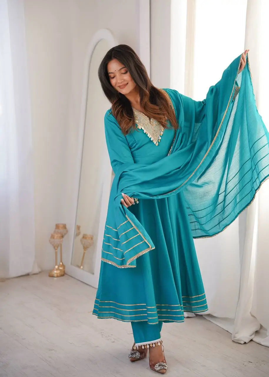 Teal Roman Silk Anarkali Gown With Dupatta