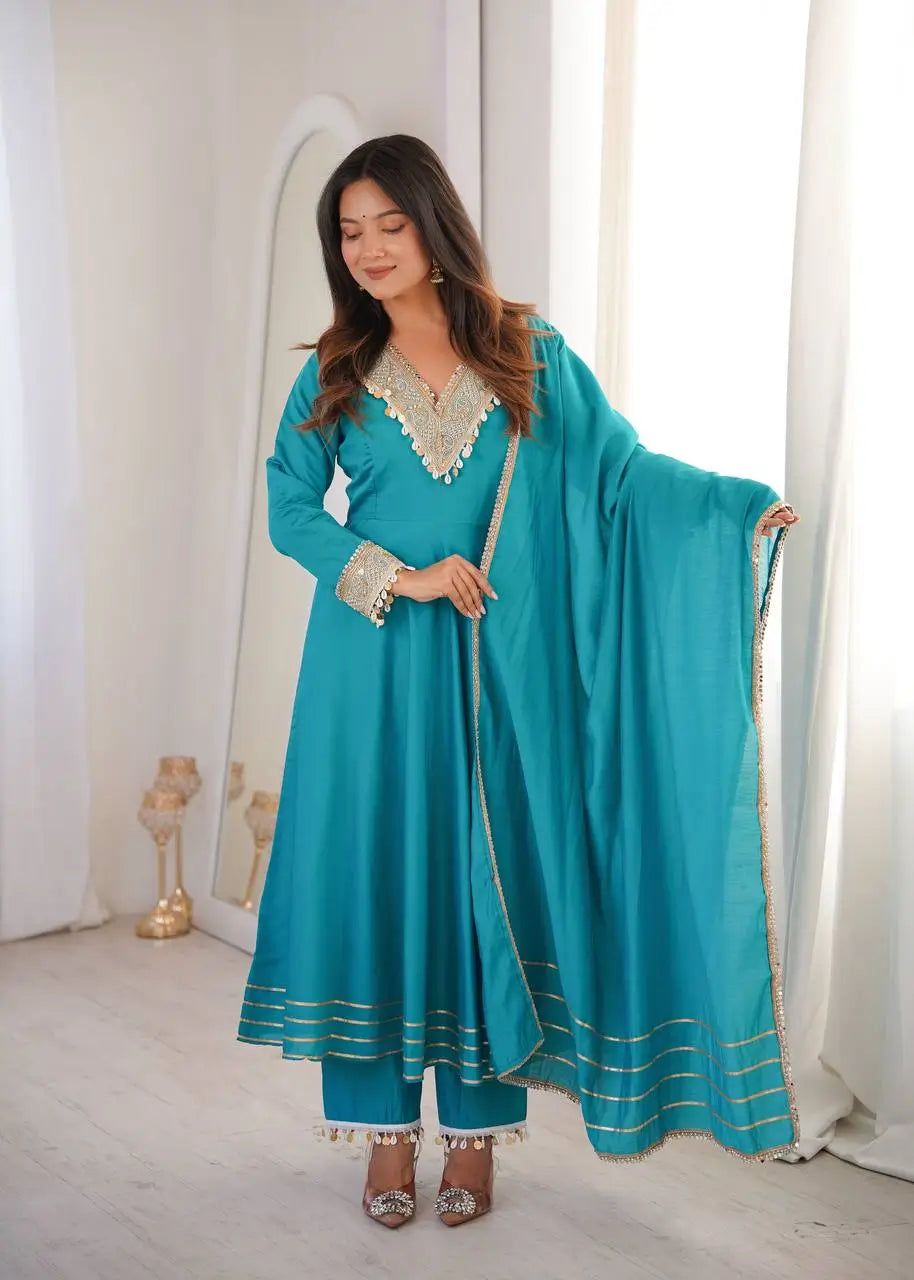 Teal Roman Silk Anarkali Gown With Dupatta