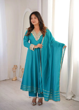 Teal Roman Silk Anarkali Gown With Dupatta