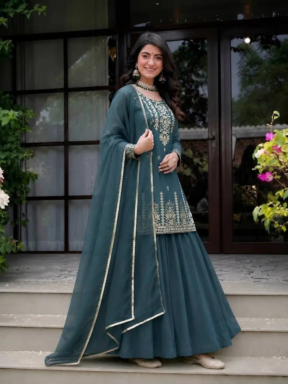 Teal Sequin Peplum Lehenga