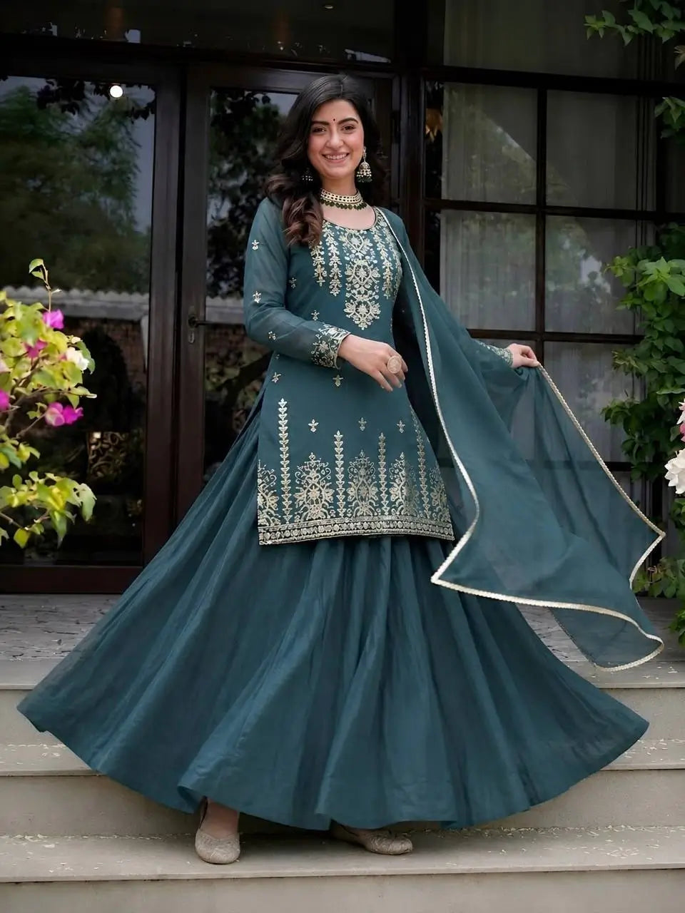 Teal Sequin Peplum Lehenga