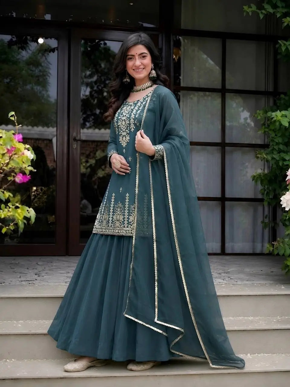 Teal Sequin Peplum Lehenga