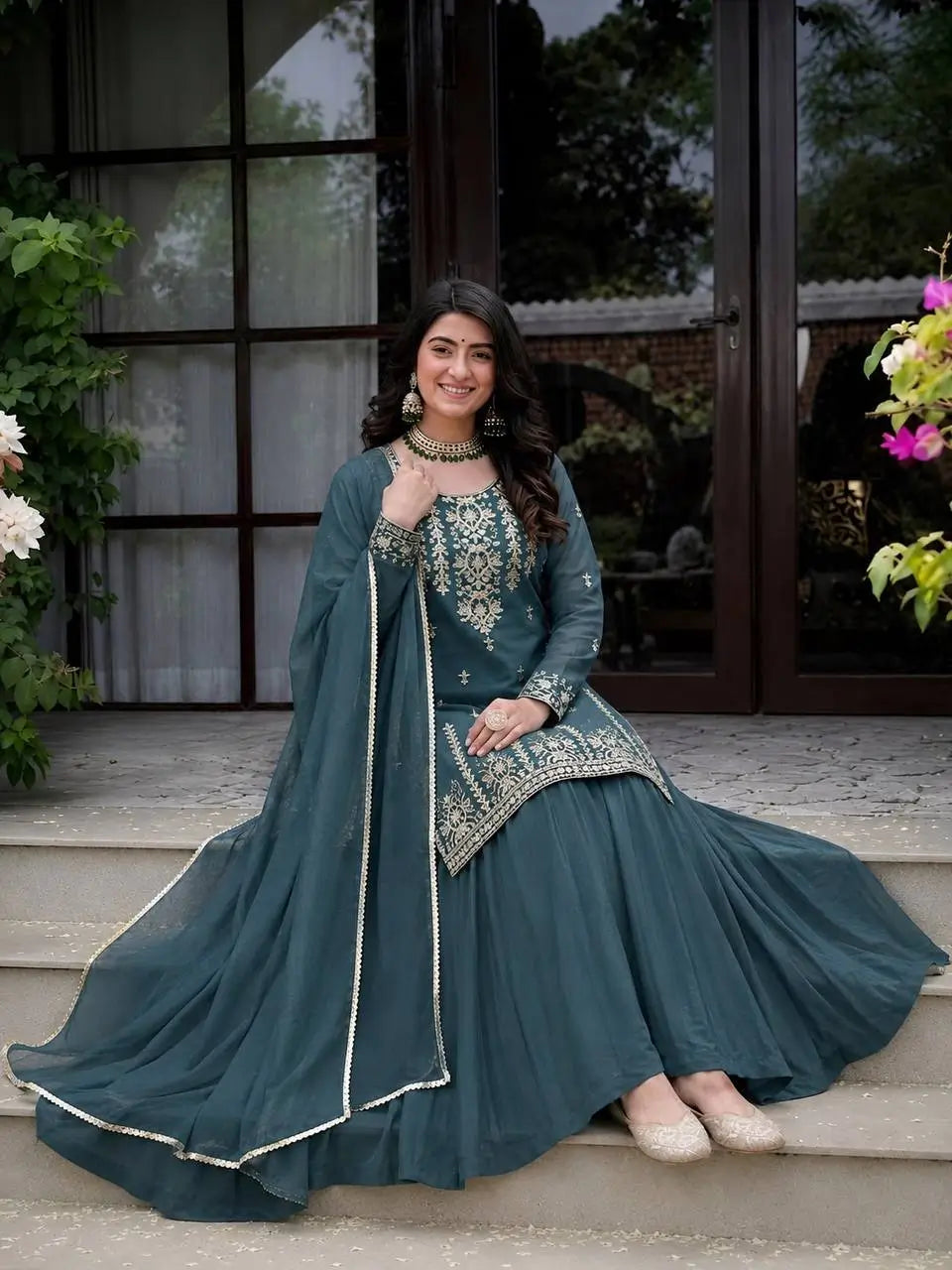 Teal Sequin Peplum Lehenga