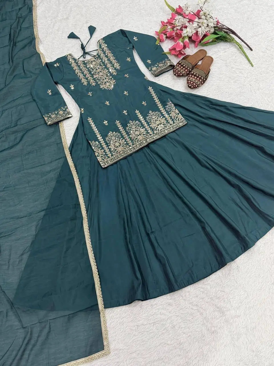 Teal Sequin Peplum Lehenga