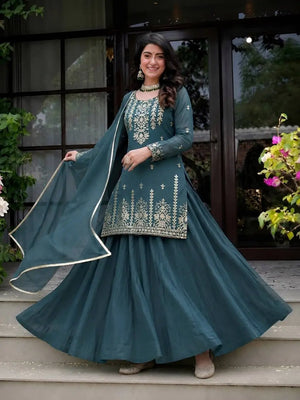 Teal Sequin Peplum Lehenga