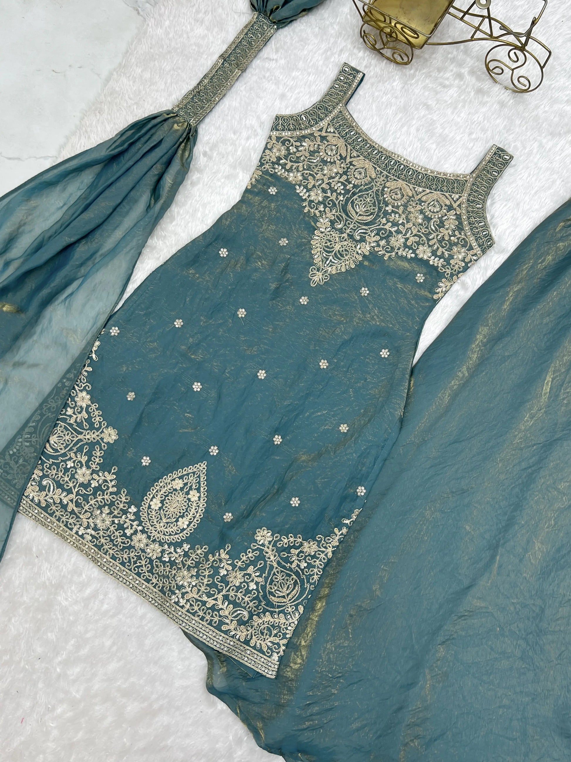 Teal Shimmer Silk Sharara Set with Zari Work