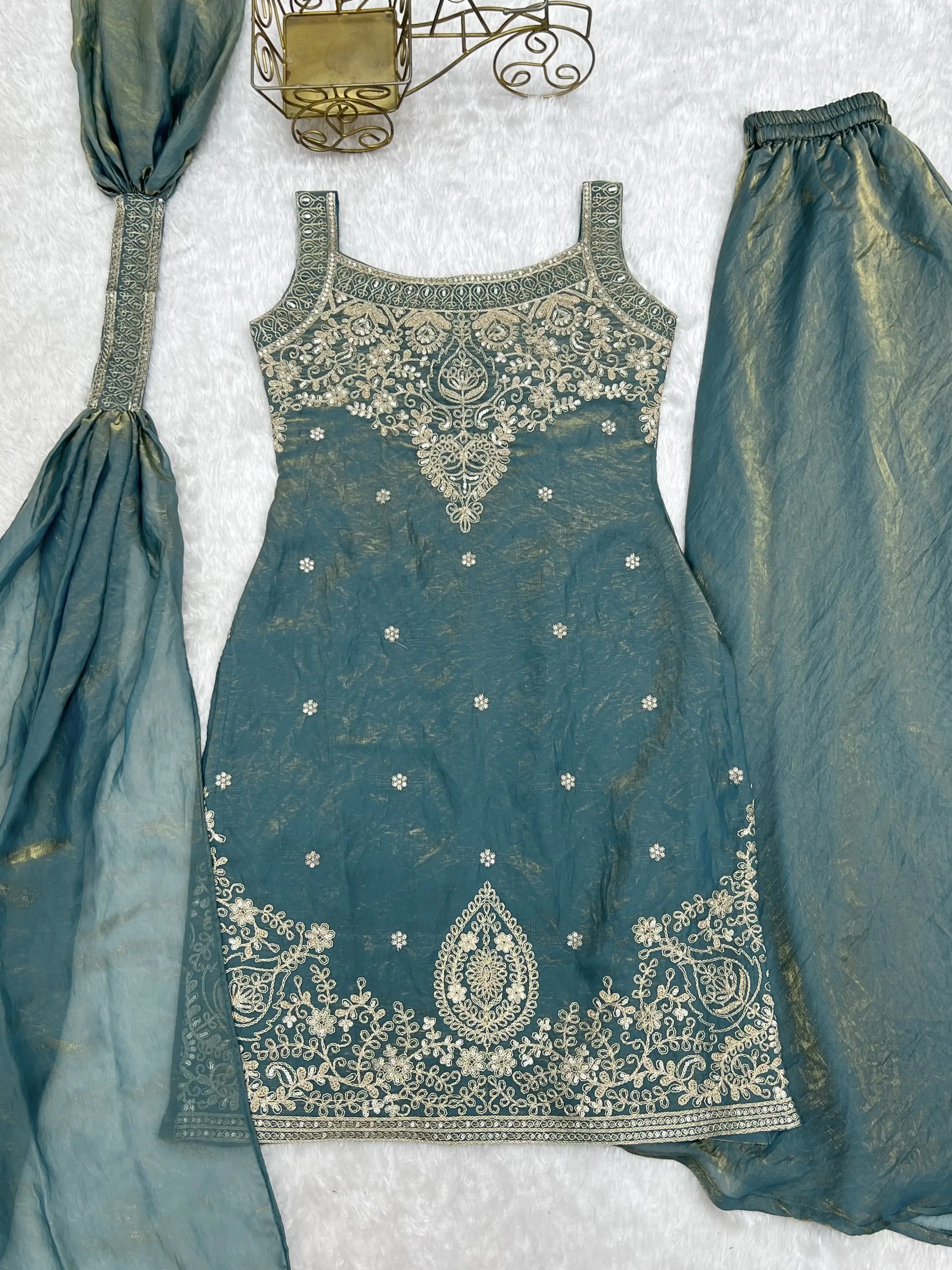 Teal Shimmer Silk Sharara Set with Zari Work