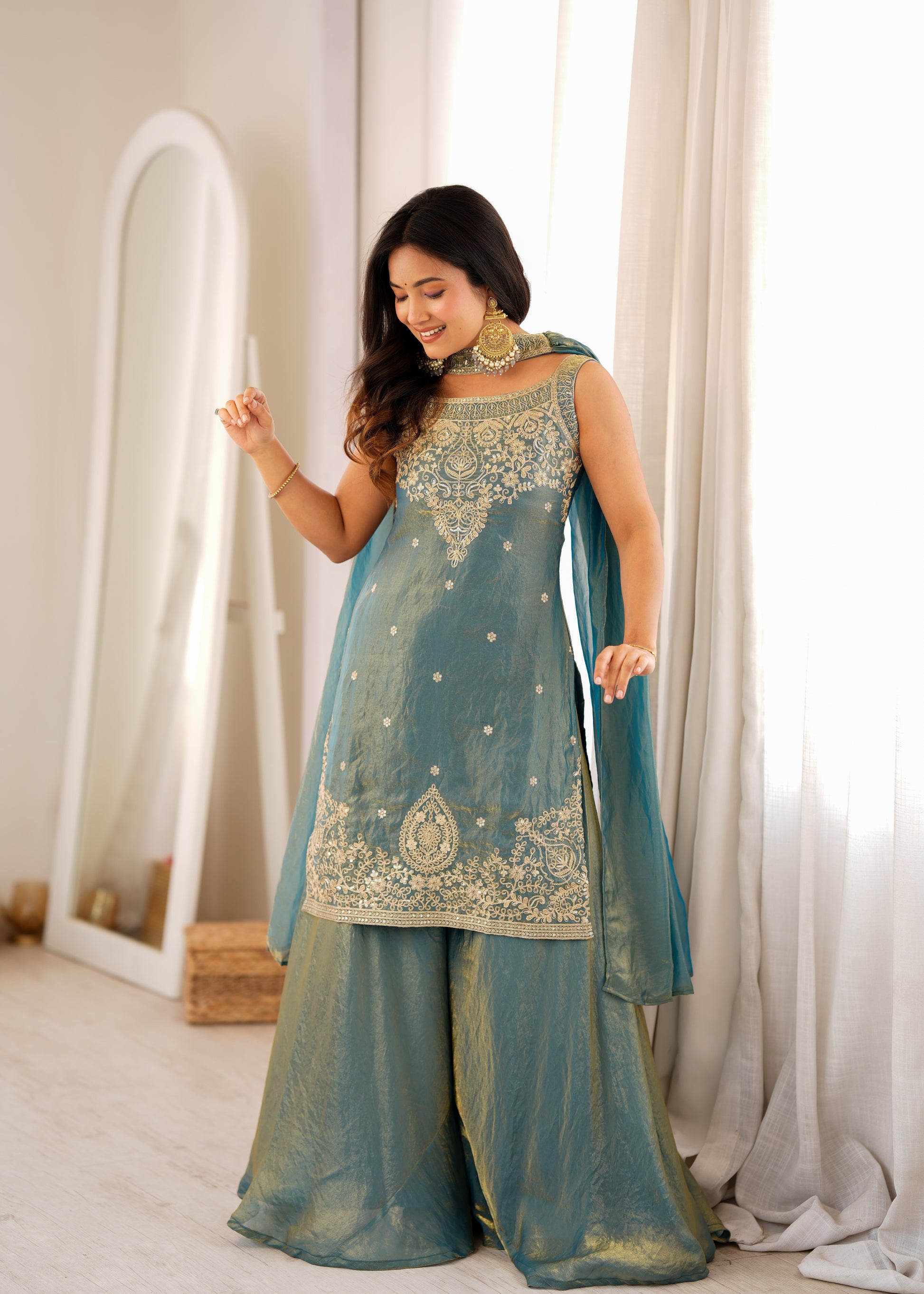 Teal Shimmer Silk Sharara Set with Zari Work