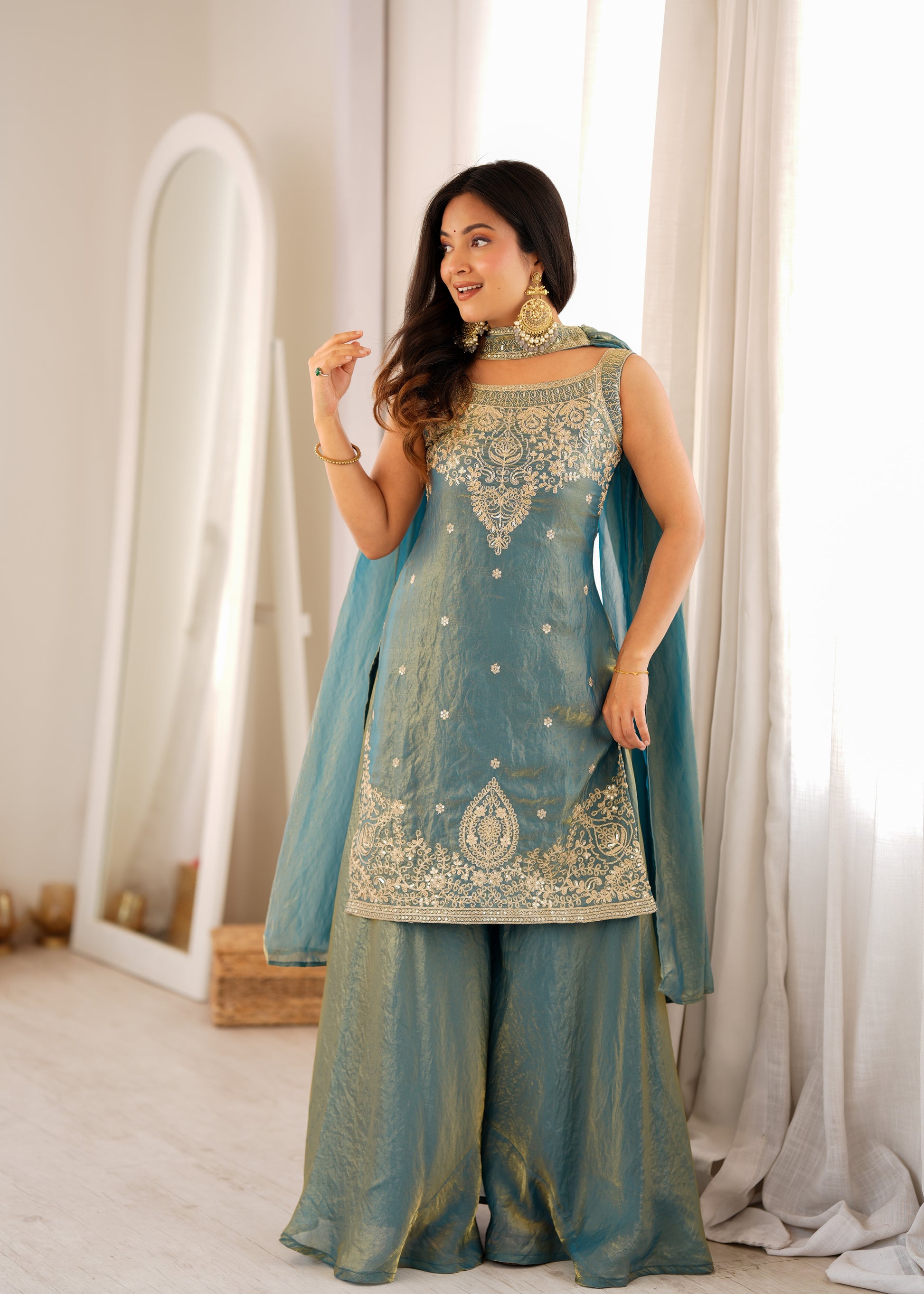Teal Shimmer Silk Sharara Set with Zari Work