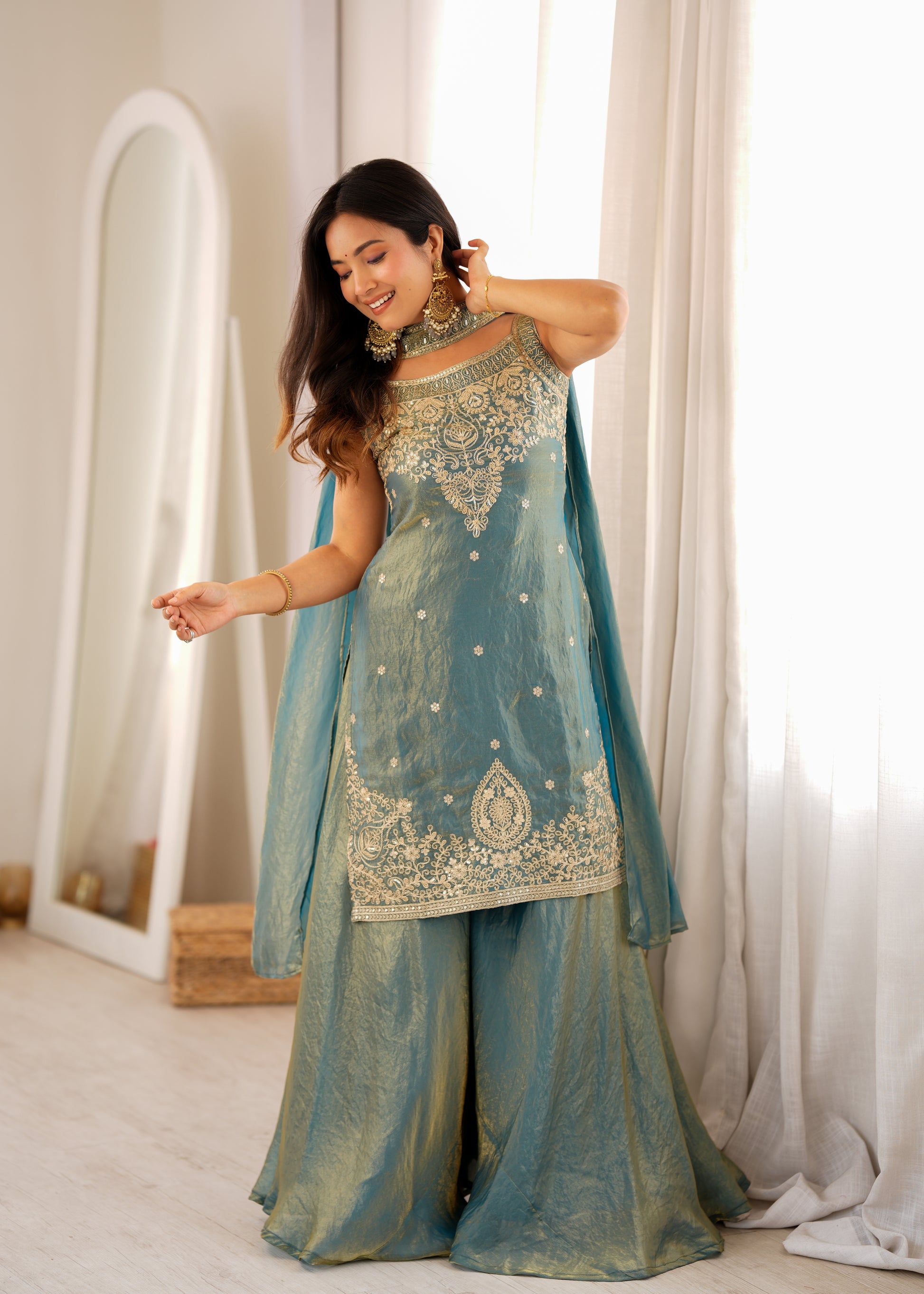 Teal Shimmer Silk Sharara Set with Zari Work