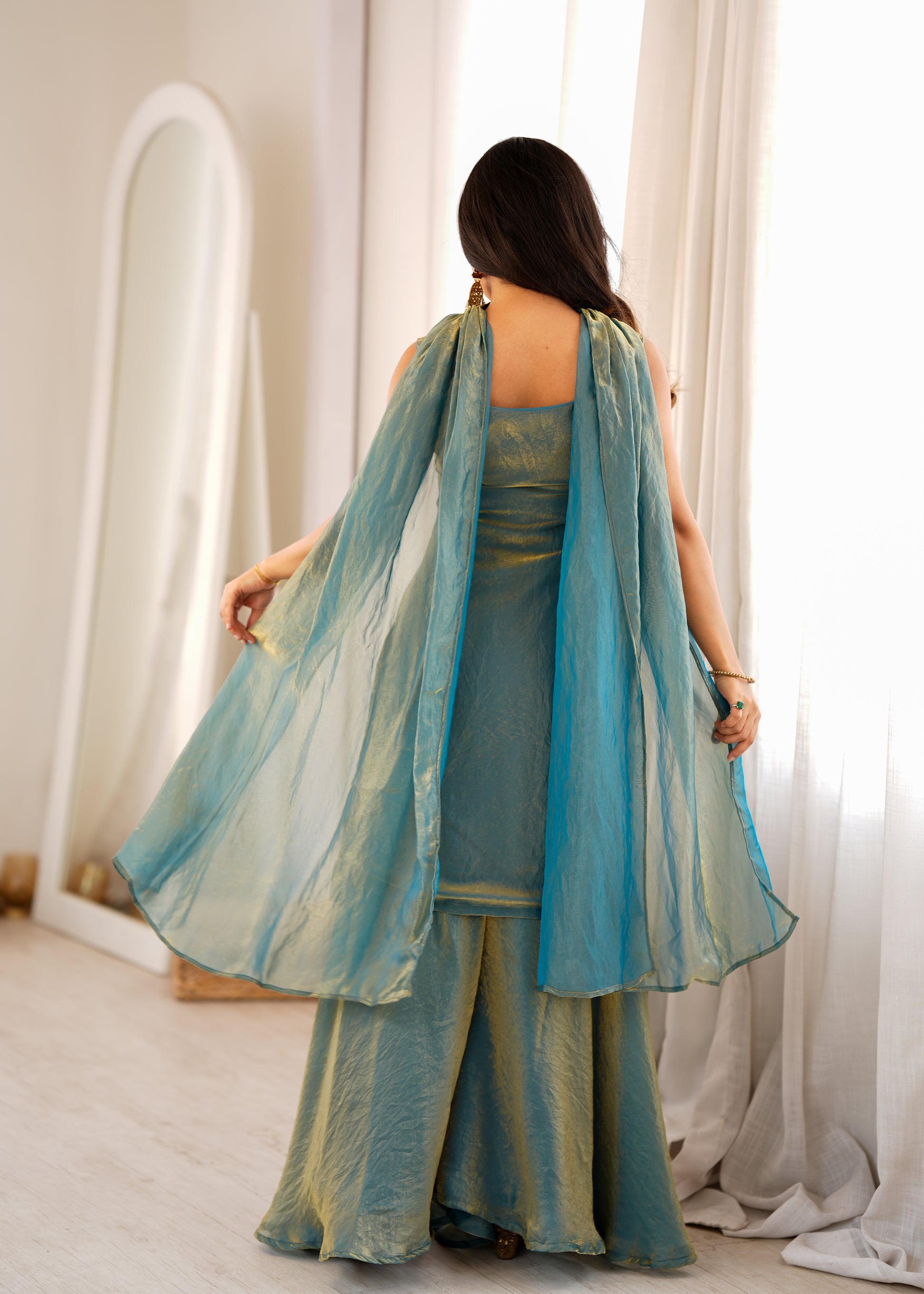 Teal Shimmer Silk Sharara Set with Zari Work