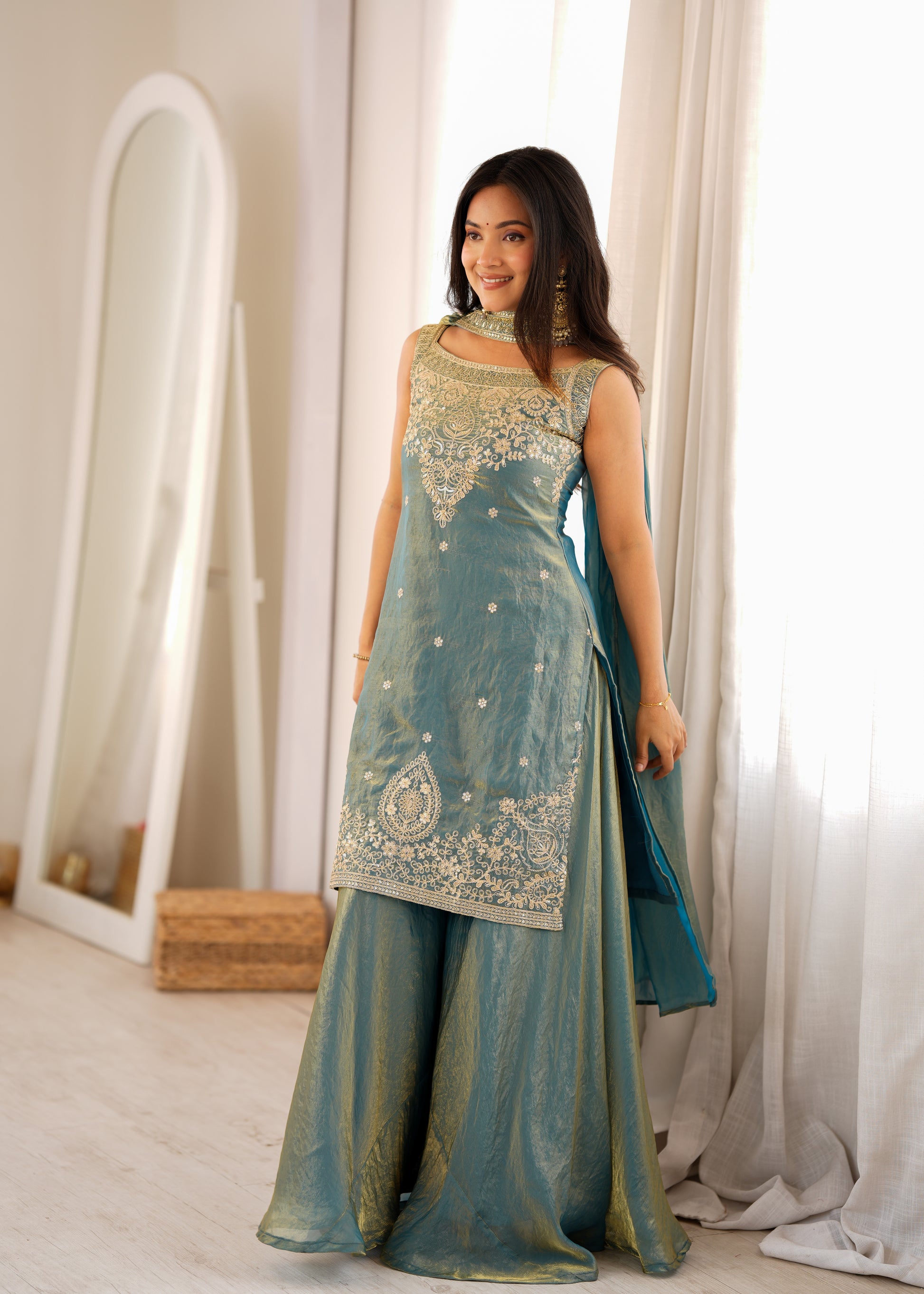 Teal Shimmer Silk Sharara Set with Zari Work